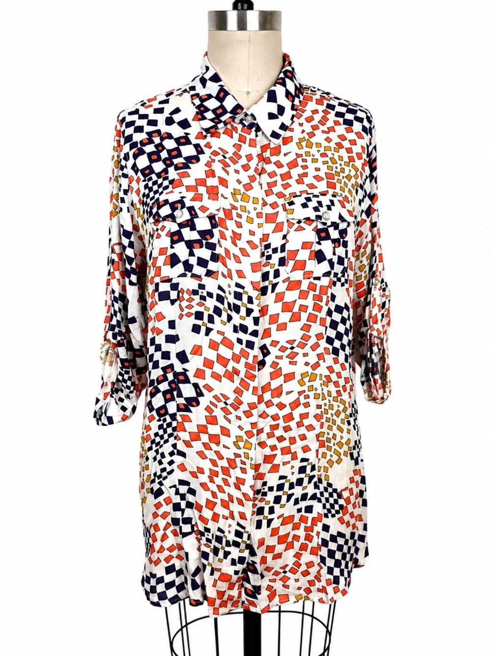 CAbi Grand Prix Abstract Checkered Print Roll Tab Sleeve Button Down Shirt Large